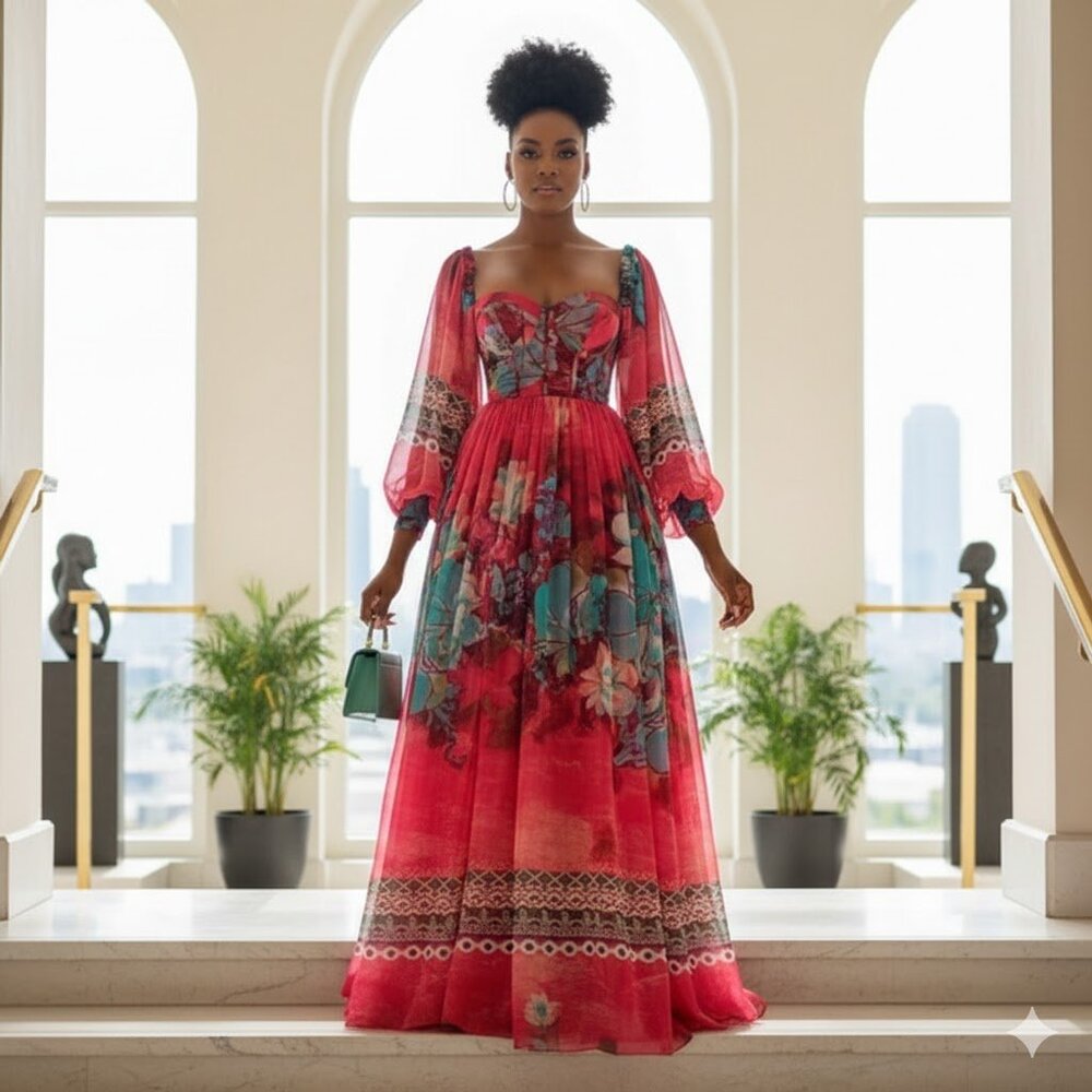 Floral queen goddess pink blue fuchsia bustier corset long sleeve maxi dress M 6 - Picture 2 of 8